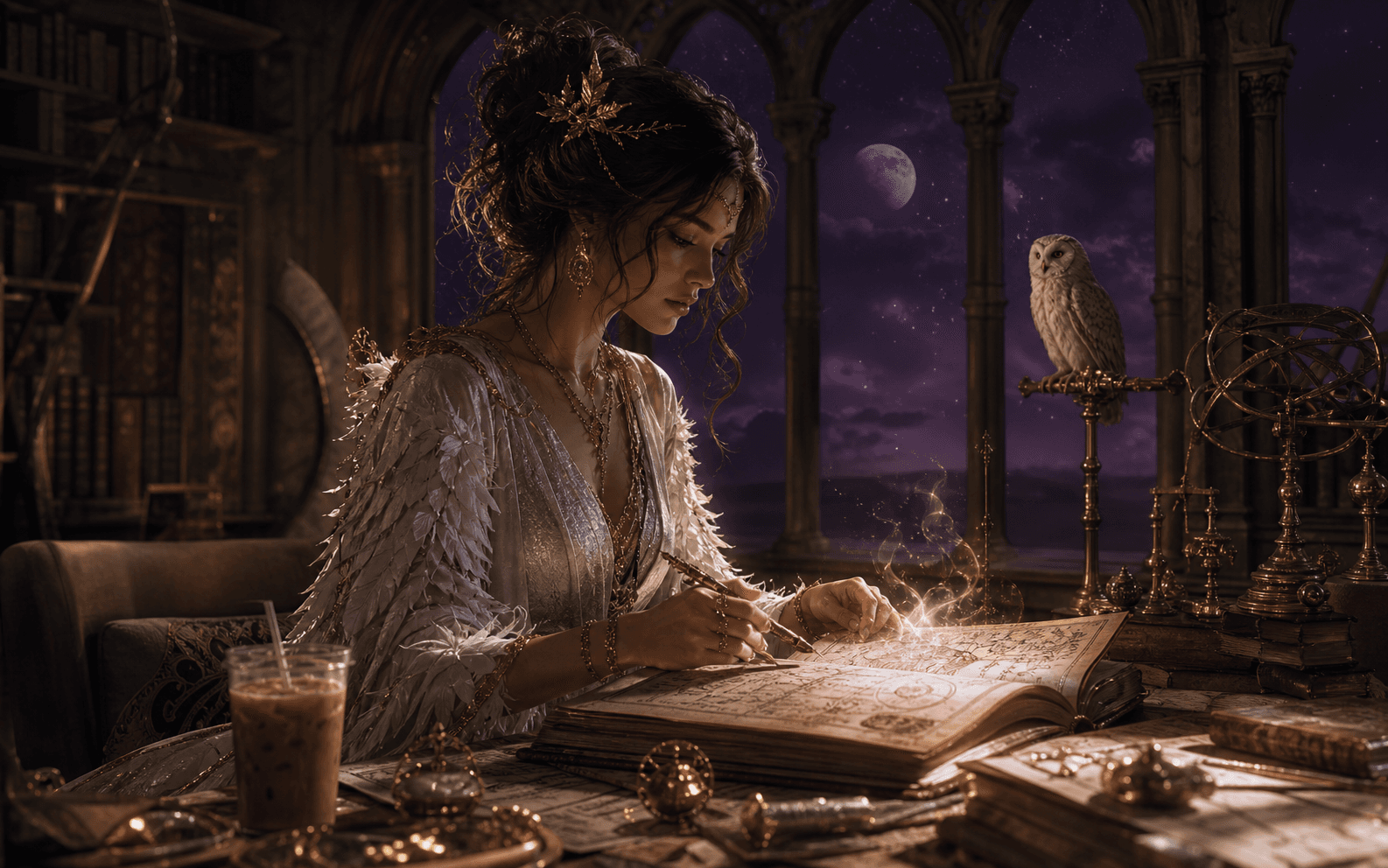 Aventureira celestial estudando um códice em uma biblioteca, acompanhada de uma coruja e um café gelado