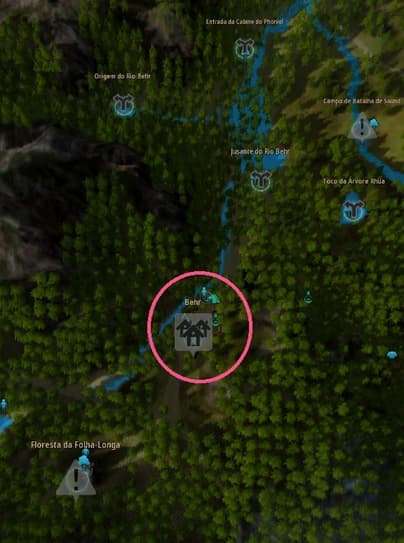 Mapa de Black Desert com a localização de Behr circulada em rosa