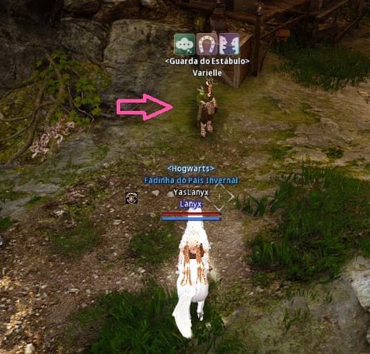 NPC Varielle na Antiga Árvore da Sabedoria indicada por uma seta rosa